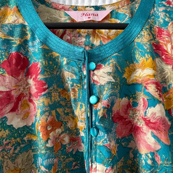 Hana silky teal floral print maxidress/house dress/swim coverup women's medium - Picture 3 of 5